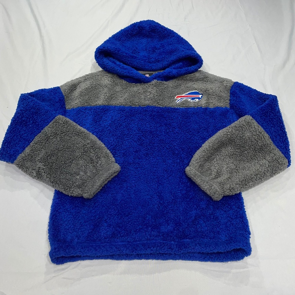 NFL Buffalo Bills Girls Sherpa Hoodie Blue Grey Fleece Pullover Medium 10/12
